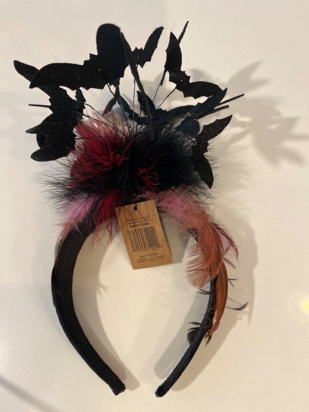 Black Bat Halloween Headband With Feathers & Red Puff For Costume Accessories